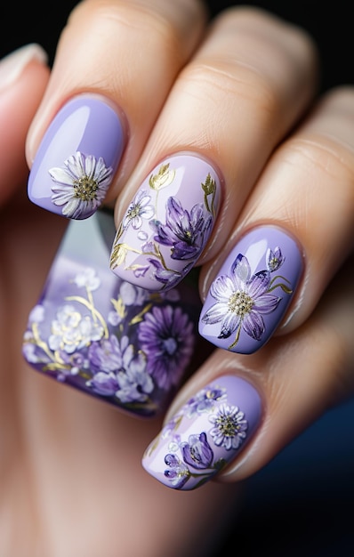 Premium AI Image  a purple nail art design with purple flowers and leaves