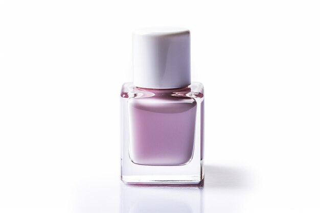 Purple nail polish bottle with white cap on white surface generative ai