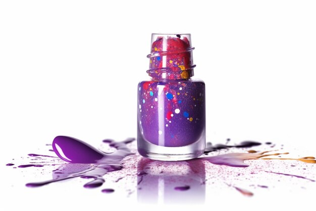 Purple nail polish with splats of paint on a white surface generative ai