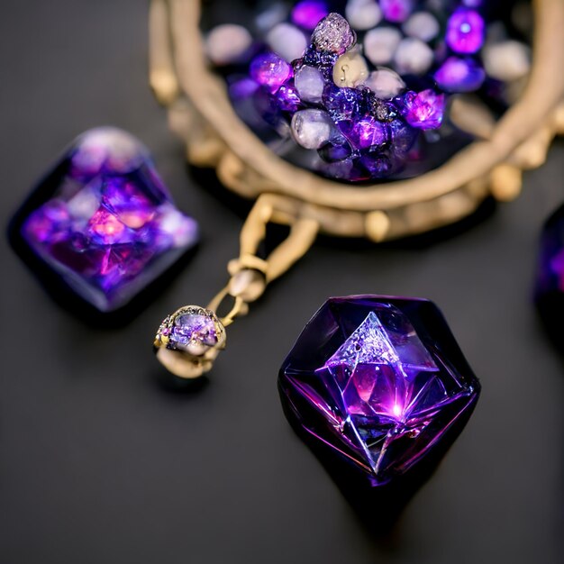 A purple necklace with purple crystals and a gold necklace.