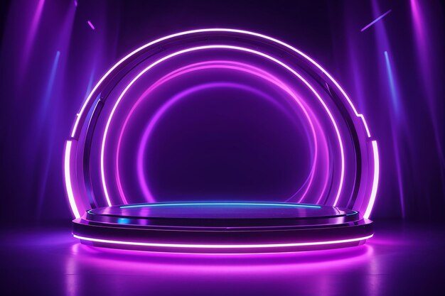 Purple neon futuristic digital stage with circle light arch showcase for technology product presentation empty pedestal night vector scene