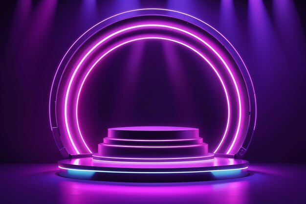Purple neon futuristic digital stage with circle light arch showcase for technology product presentation empty pedestal night vector scene