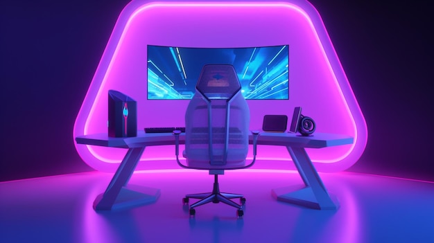 A purple neon lit room with a chair and a monitor