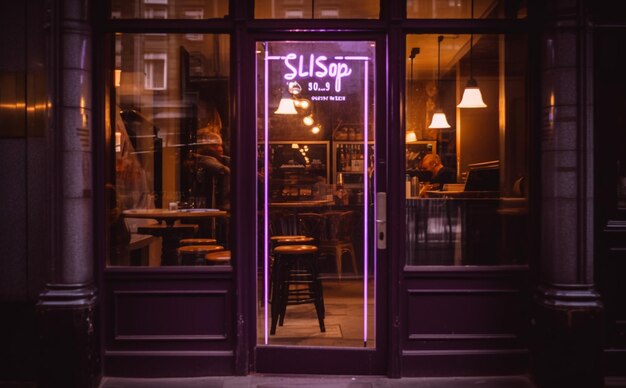 Photo purple neon sign in a restaurant window that says sleep and eat generative ai