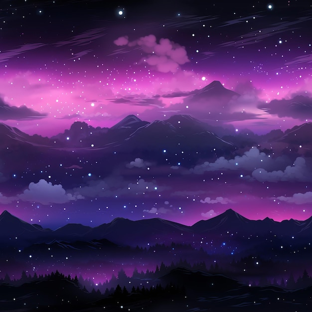 a purple night sky with stars and mountains in the background