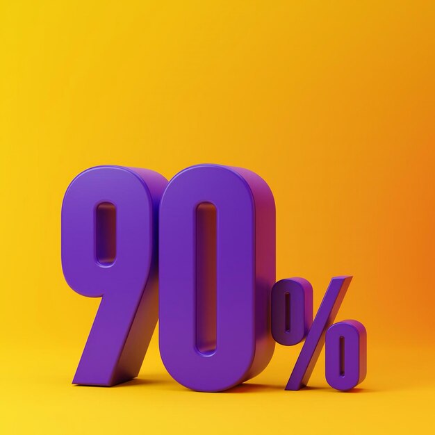 Purple ninety percent or 90 isolated over yellow background 3d rendering