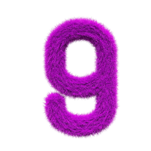 purple number 9 Fur 3D element render Typography fluffy style