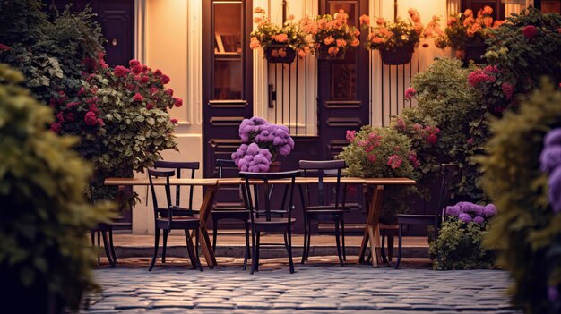 a purple object is sitting on a table outside with flowers in the background