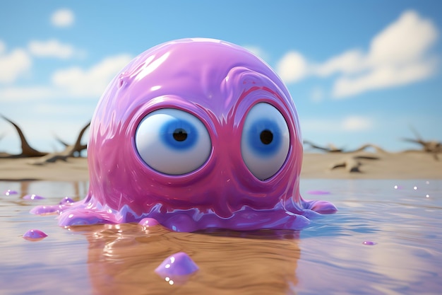 a purple octopus with blue eyes and eyes is in the water.