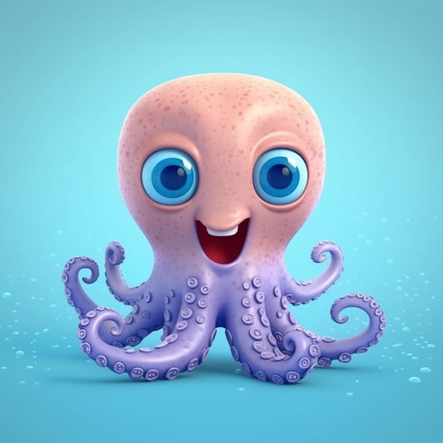 A purple octopus with blue eyes and a pink nose is on a blue background.