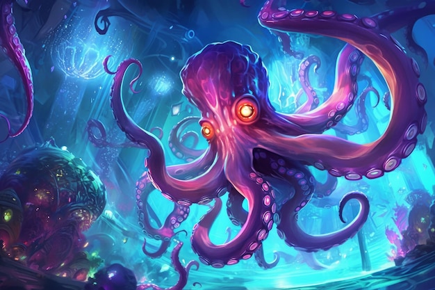 A purple octopus with red eyes is surrounded by a green sea.