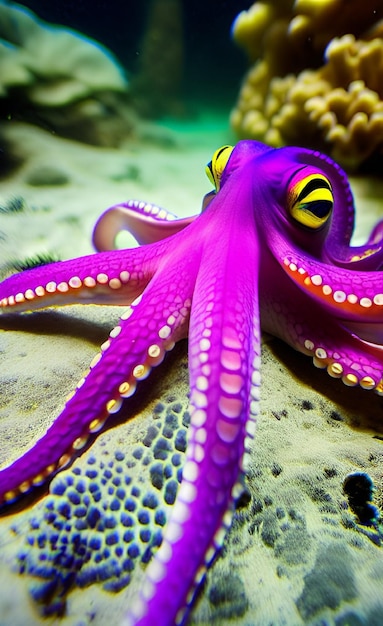 Photo a purple octopus with yellow eyes sits on a coral reef.