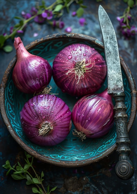 Purple onions in blue bowl with knife