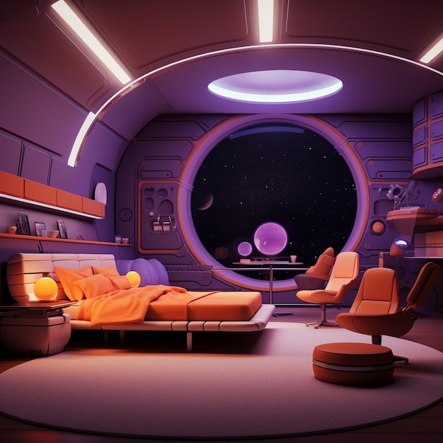 a purple and orange bedroom with a round bed future