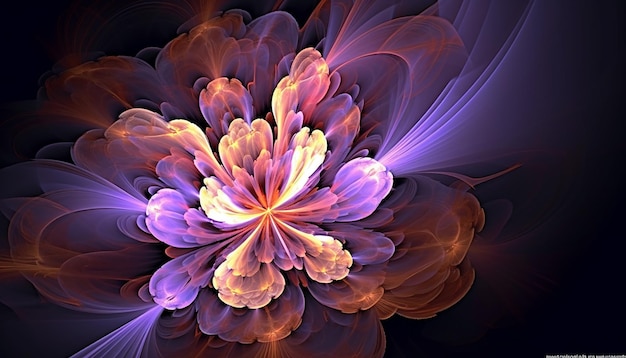 A purple and orange flower with a black background.