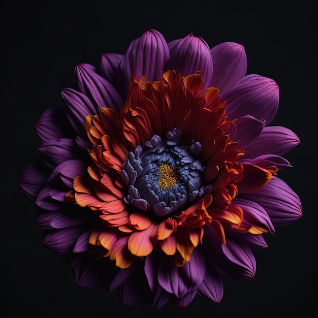 purple and orange flower with a yellow center against a black background