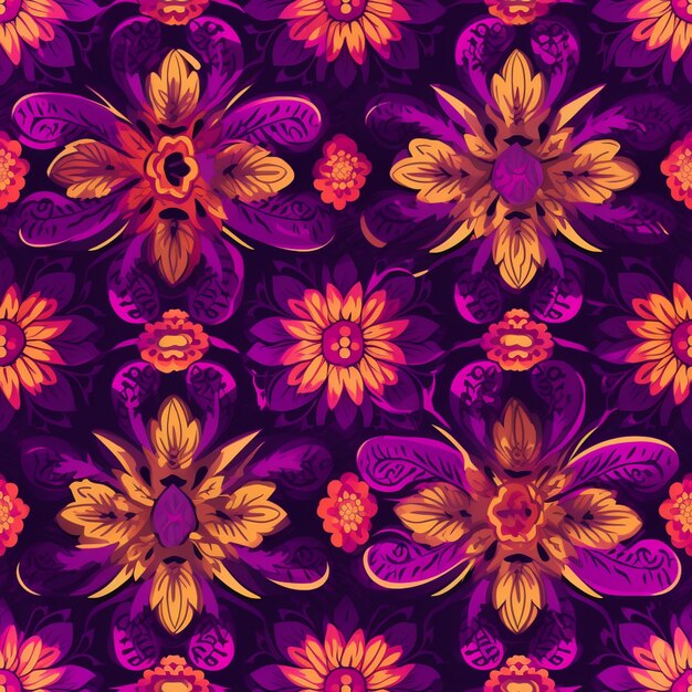 Purple and orange flowers and butterflies on a dark background generative ai