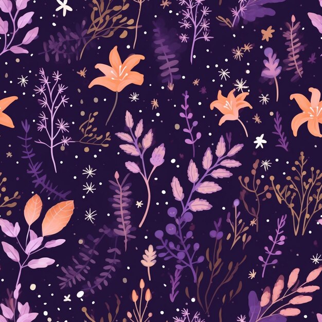 Purple and orange flowers and leaves on a dark background generative ai