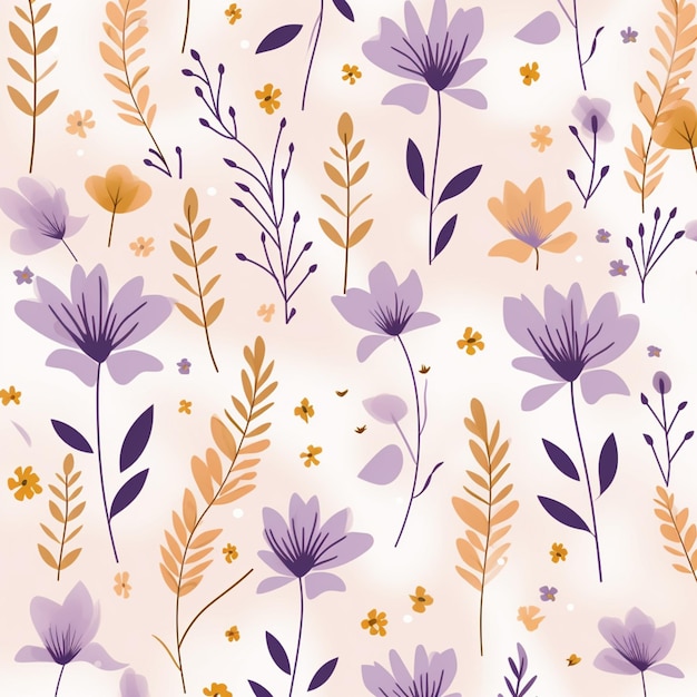 purple and orange flowers and leaves on a white background generative ai