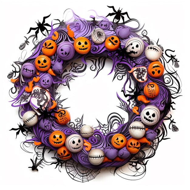 Фиолетовый и оранжевый венок на Хэллоуин с черепами и тыквами, генеративный ai