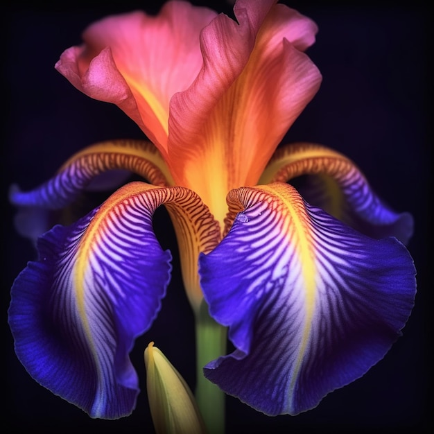 purple and orange iris flower with yellow tips on a black background generative ai