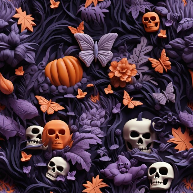 purple and orange leaves and skulls are arranged in a pattern generative ai