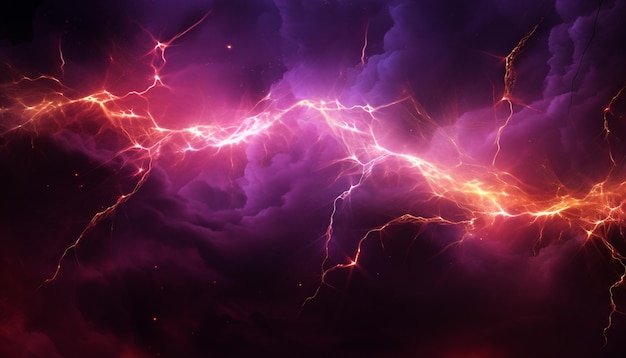 Photo purple and orange lightning streaks in a dark sky generative ai