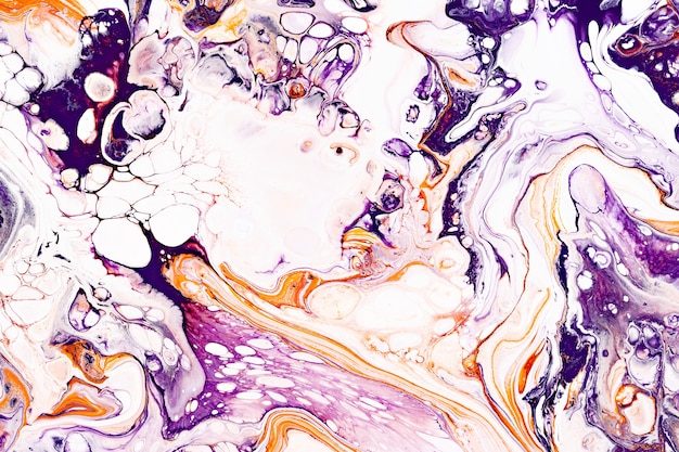 Purple and orange marble fluid art texture. Background with abstract mixing paint effect.