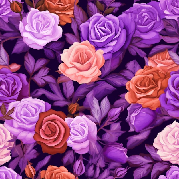 Purple and orange roses are shown in a seam pattern generative ai