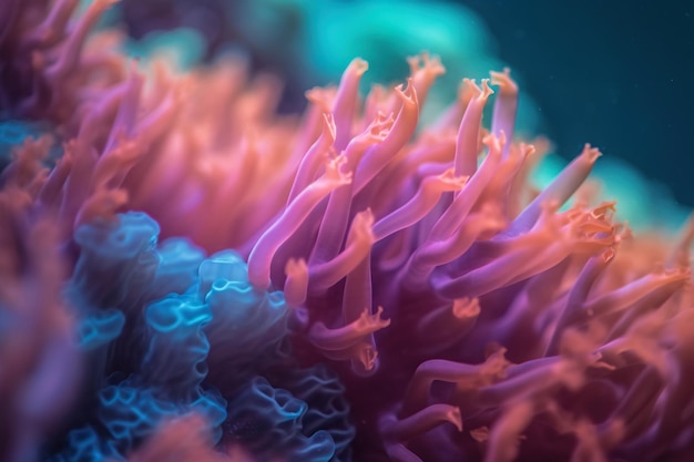 A purple and orange sea anemone with a blue background