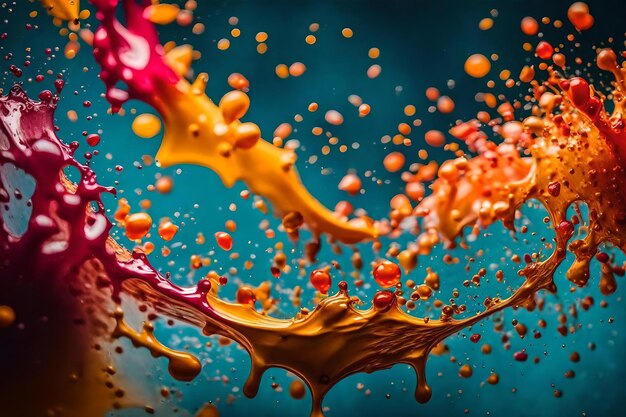 A purple and orange splash of liquid is being sprayed with orange liquid
