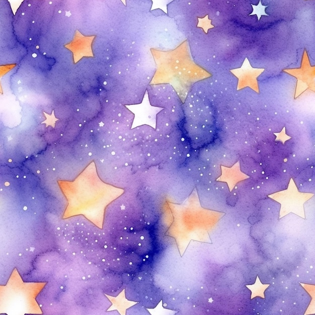 Purple and orange stars and clouds are painted on a purple background generative ai