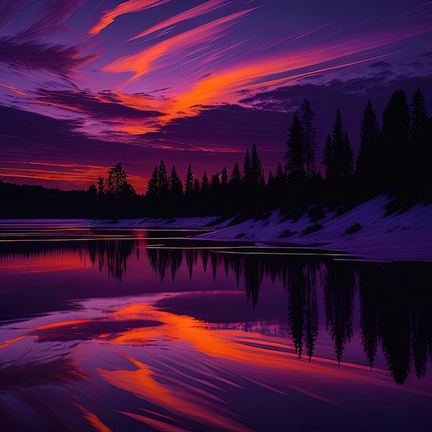 Purple and orange sunset over a lake with trees and snow