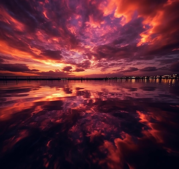 purple and orange sunset over the water with a pier in the distance generative ai