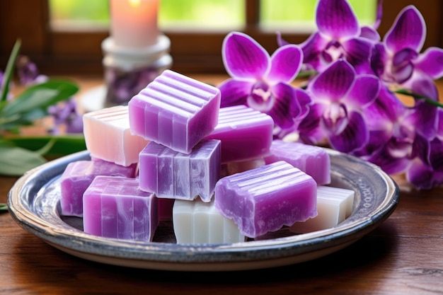 A purple orchid beside a dish of assorted mini soap bars