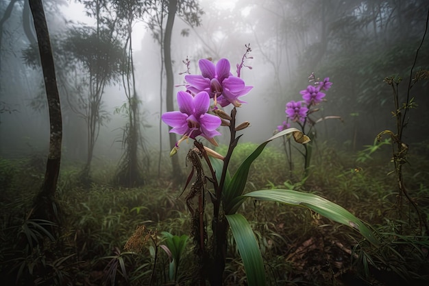 Foto orchidea viola che fiorisce nella foresta nebbiosa circondata da una vegetazione lussureggiante creata con ai generativa