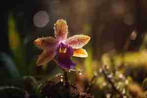 Photo a purple orchid flower with dew drops on the petals