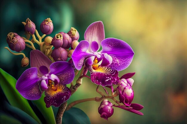 Purple orchid flowers with buds in tropical garden on blurred background