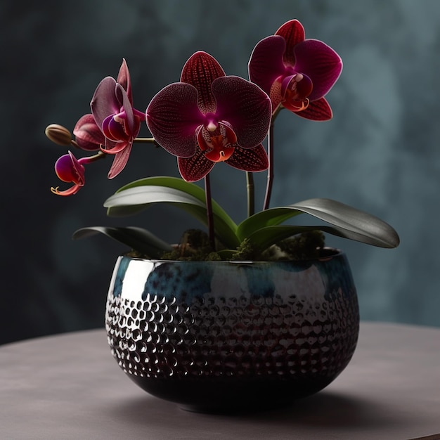 A purple orchid is in a vase on a table.