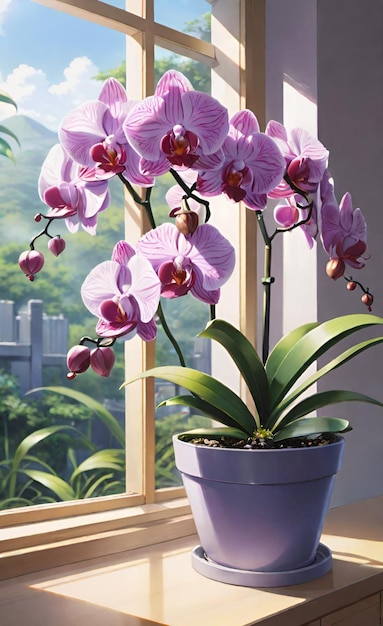 a purple orchid plant with a large purple flower in a pot