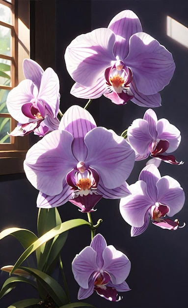 a purple orchid with a black background with a window behind it