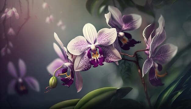 A purple orchid with a green leaf in the background