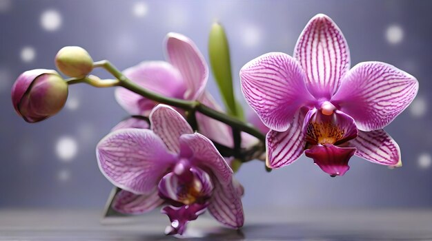 a purple orchid with a green stem and a white flower in the background