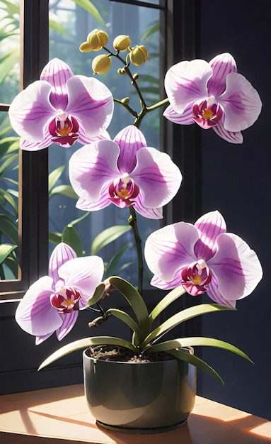 a purple orchid with a green stem and a window behind it