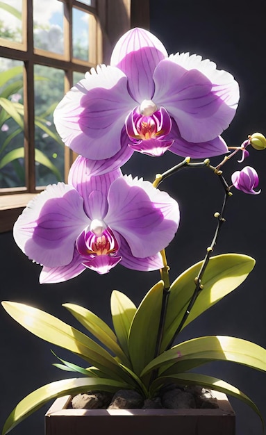 a purple orchid with a purple flower in a vase