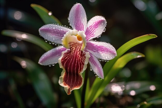 A purple orchid with the rain drops on it