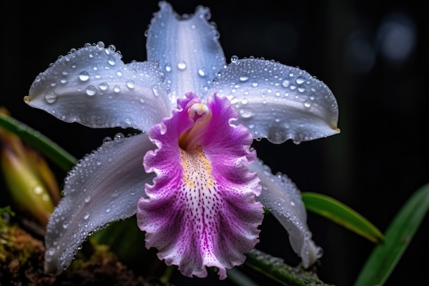 A purple orchid with a raindrop on the petals