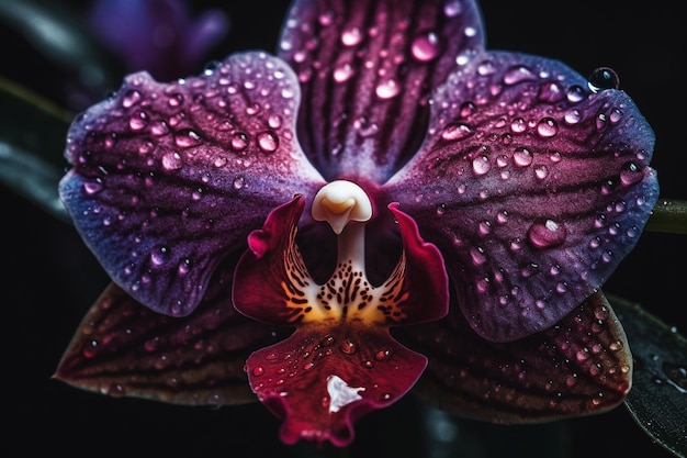 A purple orchid with water droplets on it