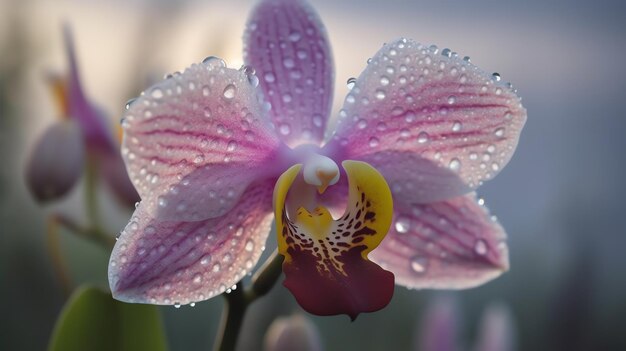 A purple orchid with water drops on it