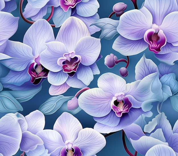 purple orchids are blooming on a blue background with green leaves generative ai